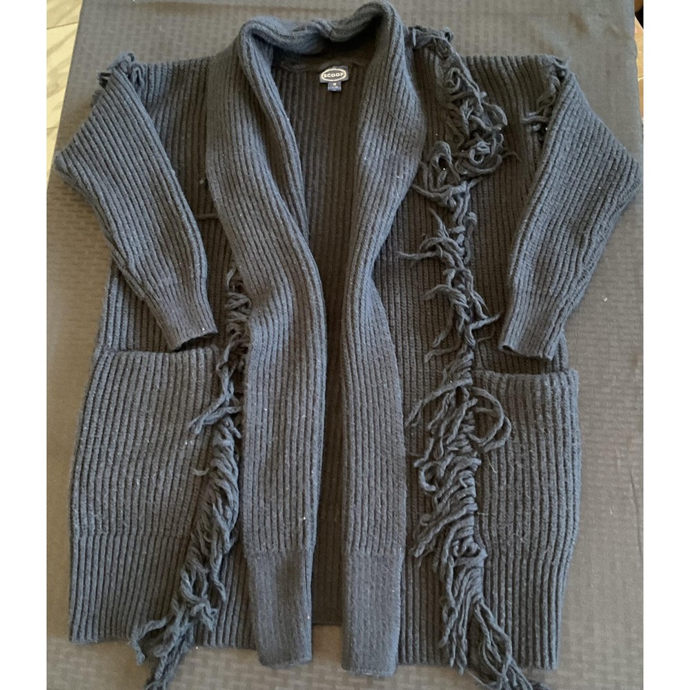 Scoop Cardigan Womens Medium Black Fringe Open Front Ribbed Knit Sweater Pockets